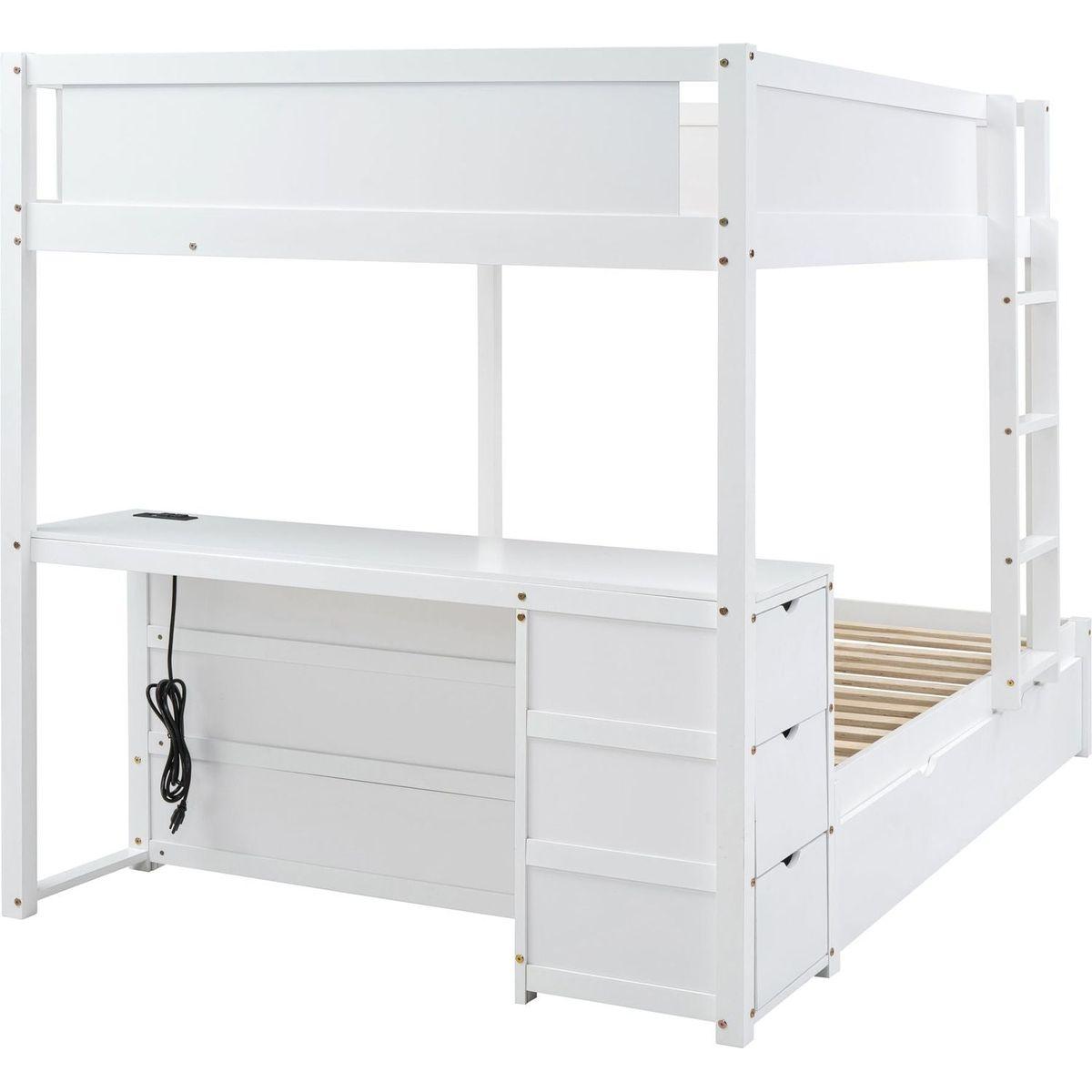 Full-Over-Full Bunk Bed with Twin size Trundle, Storage and Desk, White