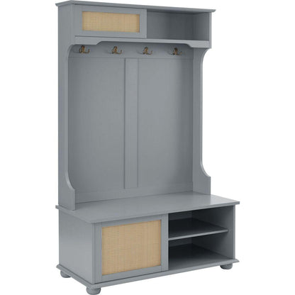 Casual Style Hall Tree Entryway Bench with Rattan Door Shelves and Shoe Cabinets, SOLID WOOD Feet, Gray, 40.16"Wx18.58"Dx64.17"H