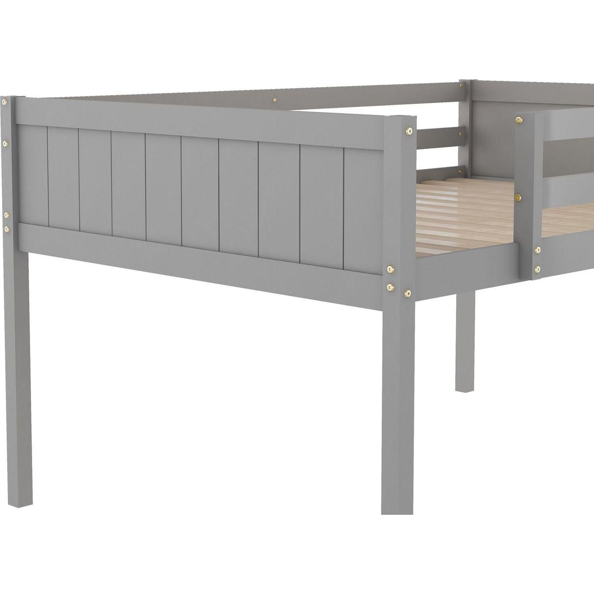 Full Size Wood Low Loft Bed with Ladder, ladder can be placed on the left or right, Gray