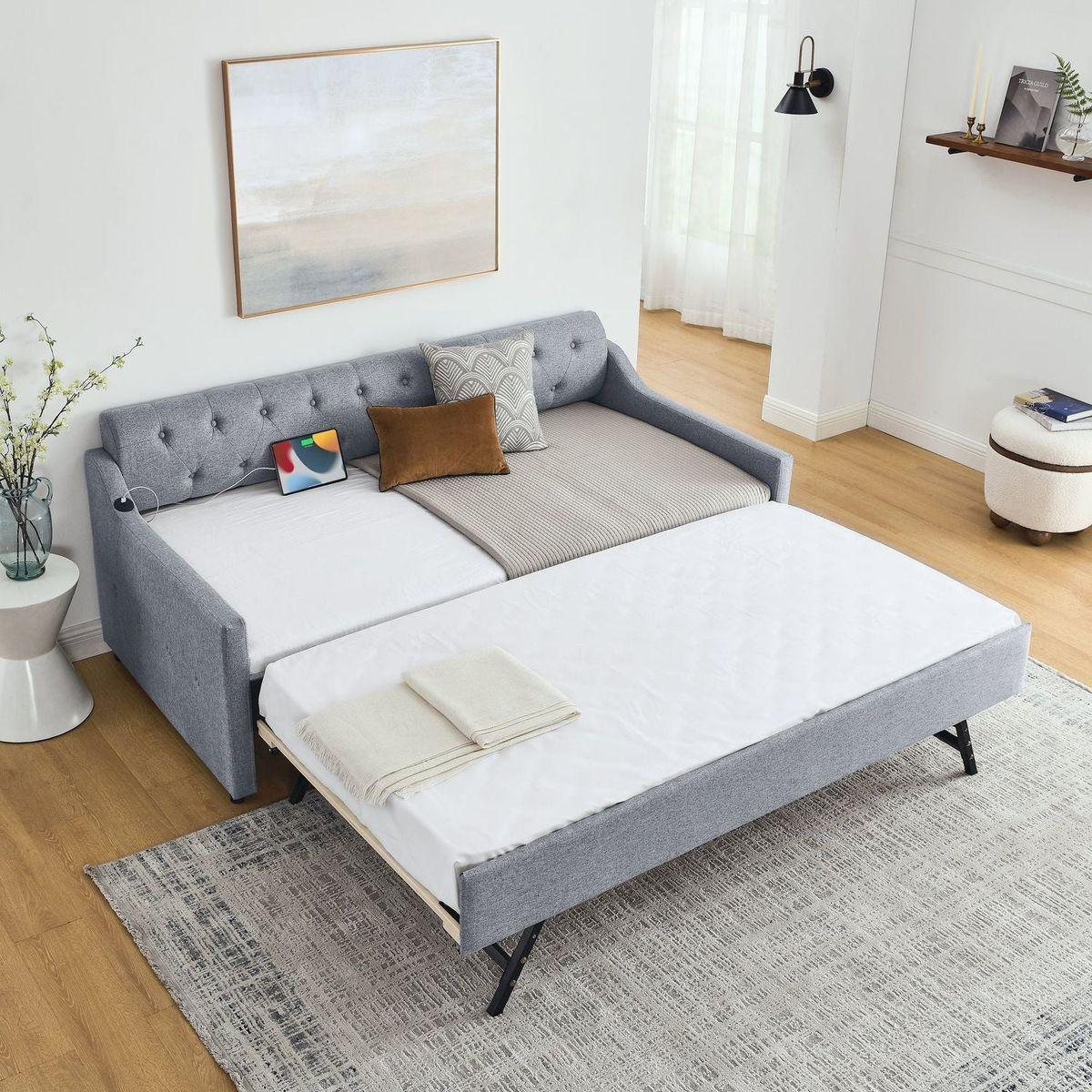 Twin Size Upholstery DayBed with Twin Size Erectable Trundle and USB Charging Design, Linen Grey