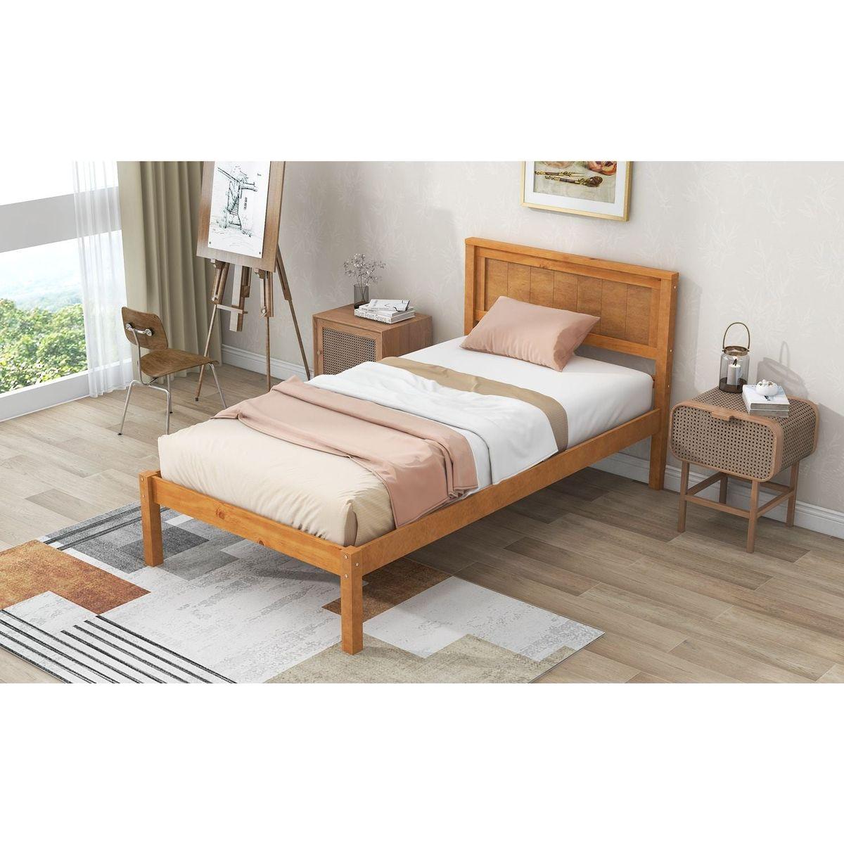 Platform Bed Frame with Headboard, Wood Slat Support, No Box Spring Needed, Twin,Oak