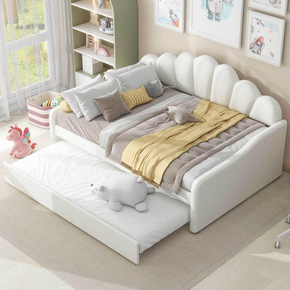 Full Size Upholstery Daybed Frame with Shall Shaped Backrest and Trundle,Beige