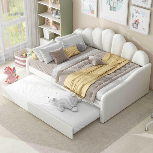 Full Size Upholstery Daybed Frame with Shall Shaped Backrest and Trundle,Beige