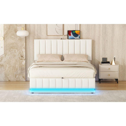 Full Size Upholstered Bed with Hydraulic Storage System and LED Light, Modern Platform Bed with Sockets and USB Ports, White