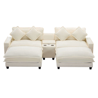 Chenille Upholstered Sectional Sofa with Removable Ottoman, USB Ports, Cup Holders, and Storage, Beige, 111'