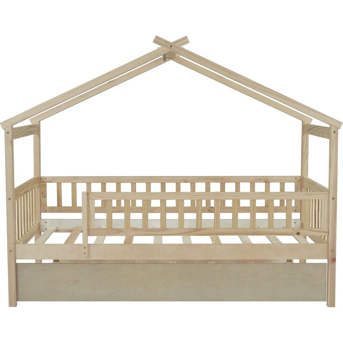 Twin Size Wooden House Bed with Twin Size Trundle, Natural