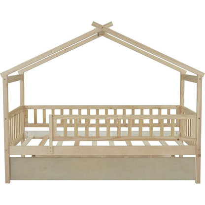 Twin Size Wooden House Bed with Twin Size Trundle, Natural