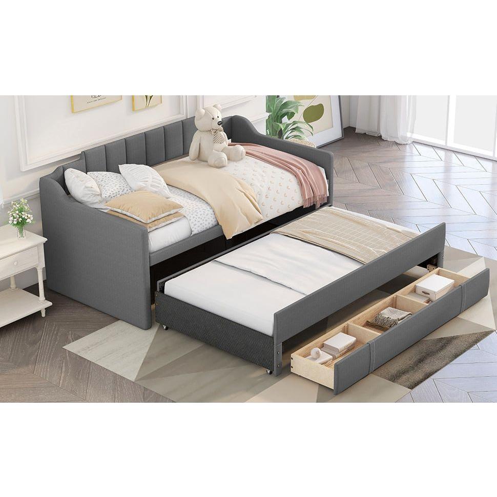 Twin Size Upholstered Daybed with Trundle and Three Drawers,Grey