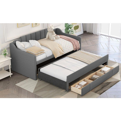 Twin Size Upholstered Daybed with Trundle and Three Drawers,Grey