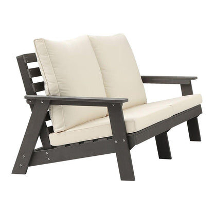 HIPS Loveseat with Cushion, Wood Grain Outdoor Garden Sofa, Sofa Set for Porch, Poolside, Terrace, and Yard Grey/Beige