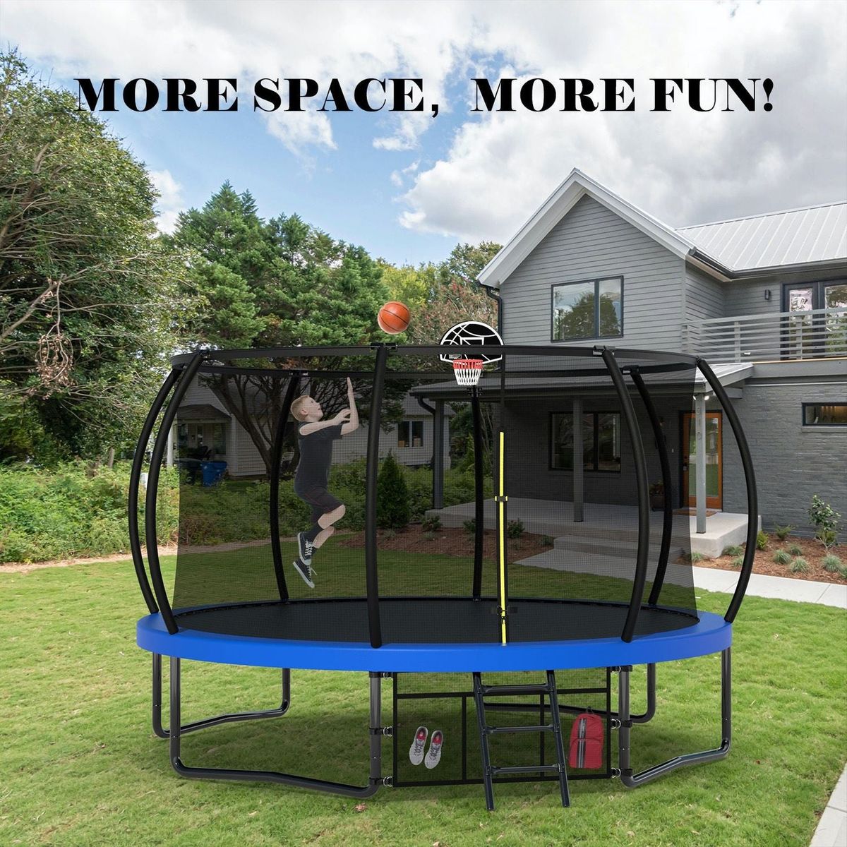 14FT Trampoline with Enclosure - Recreational Trampolines with Ladder and AntiRust Coating, ASTM Approval Outdoor Trampoline for Kids