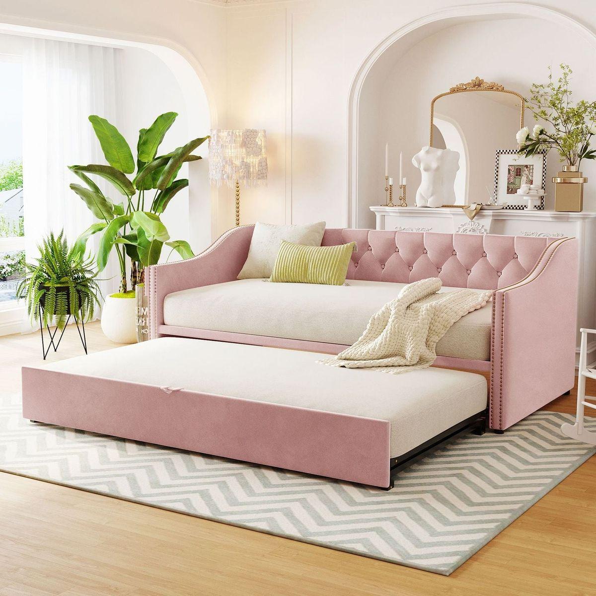 Twin Size Upholstered daybed with Pop Up Trundle, Pink