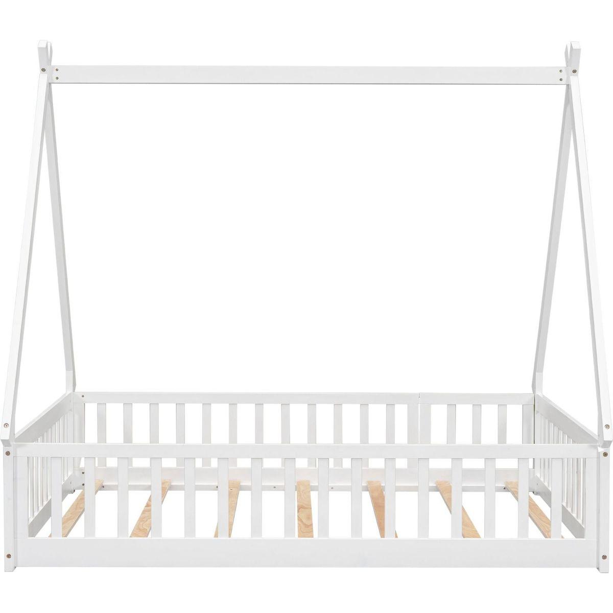 Full Tent-shaped Floor Bed, with Guardrails, Slats, Door, White
