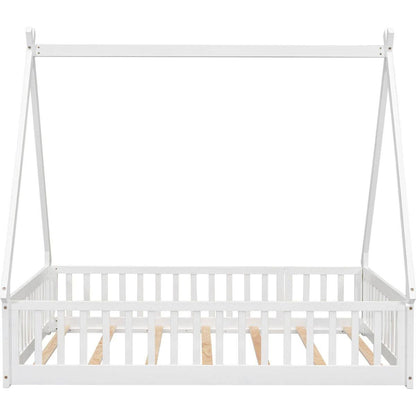 Full Tent-shaped Floor Bed, with Guardrails, Slats, Door, White