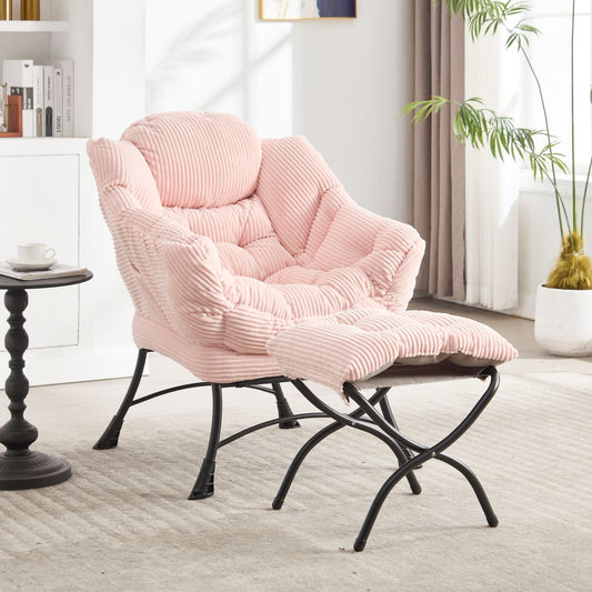 Lazy Chair with Ottoman, Modern Lounge Accent Chair with Armrests and a Side Pocket, Leisure Upholstered Sofa Chair Reading Chair with Footrest for Small Space, Corner Chair-Pink