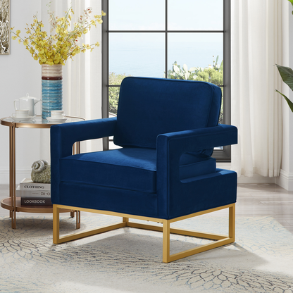 Modern Style Accent Chair with Gold Metal Base, Velvet Upholstered Leisure Chair with Open Armrest, Armchair, Navy