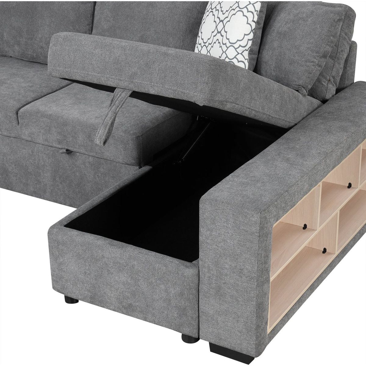 109" U-shaped Sectional Sofa Pull-out Sofa Bed with Two USB Ports, a Storage Chaise Lounge and Four Back Pillows for Living Room, Grey