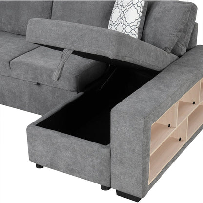 109" U-shaped Sectional Sofa Pull-out Sofa Bed with Two USB Ports, a Storage Chaise Lounge and Four Back Pillows for Living Room, Grey