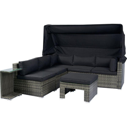 7-Piece Patio Furniture Set w/Retractable Canopy Wicker Rattan Sectional Sofa Set Patio Furniture with Washable Cushions for Lawn, Garden, Backyard, Poolside Grey wicker + Black Cushion