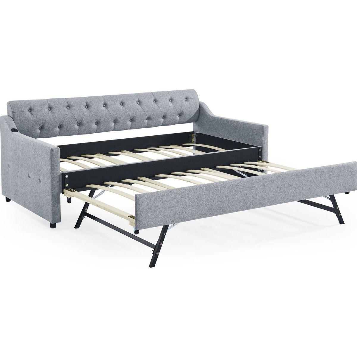Twin Size Upholstery DayBed with Twin Size Erectable Trundle and USB Charging Design, Linen Grey