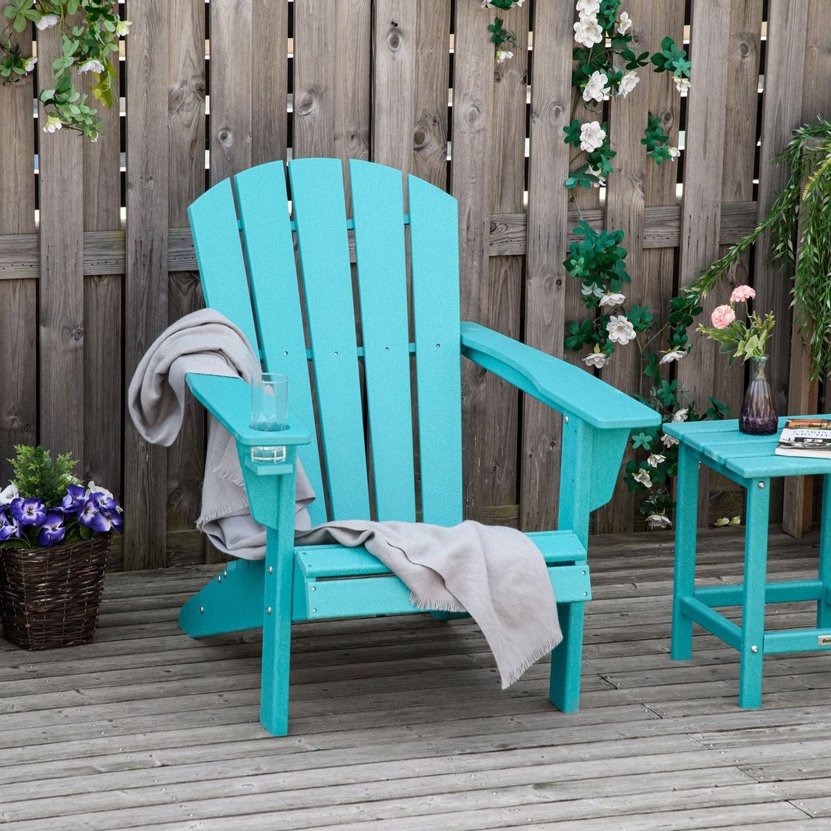 HDPE All-Weather Outdoor Adirondack Chair with Cup Holder, Fire Pit Chair for Backyard, Deck, Lawn, Garden, 330lbs Capacity, Light Blue