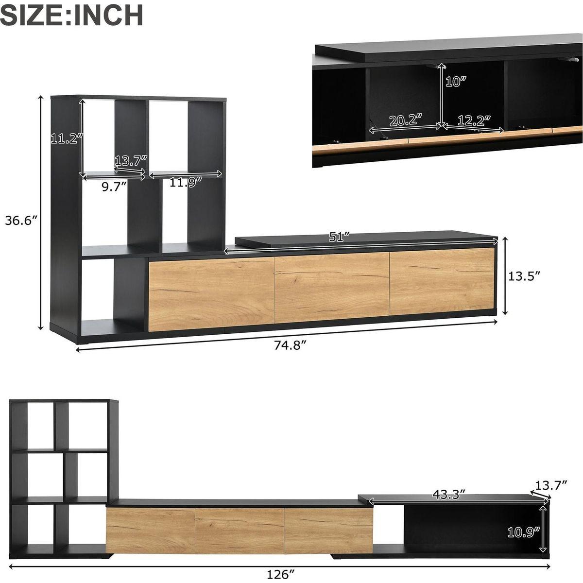 74.8"-126" Extendable TV Stand with 3 Tier Bookshelves for TVs up to 110", Adjustable Entertainment Center with Storage Cabinets, Sliding Tabletop Media Console for Living Room, Black