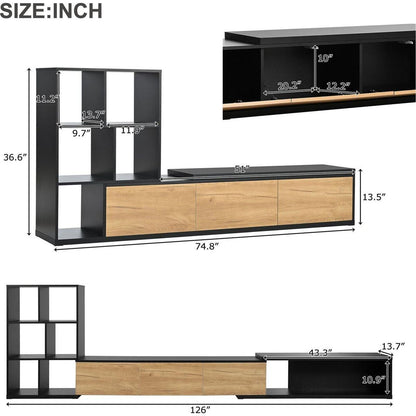 74.8"-126" Extendable TV Stand with 3 Tier Bookshelves for TVs up to 110", Adjustable Entertainment Center with Storage Cabinets, Sliding Tabletop Media Console for Living Room, Black