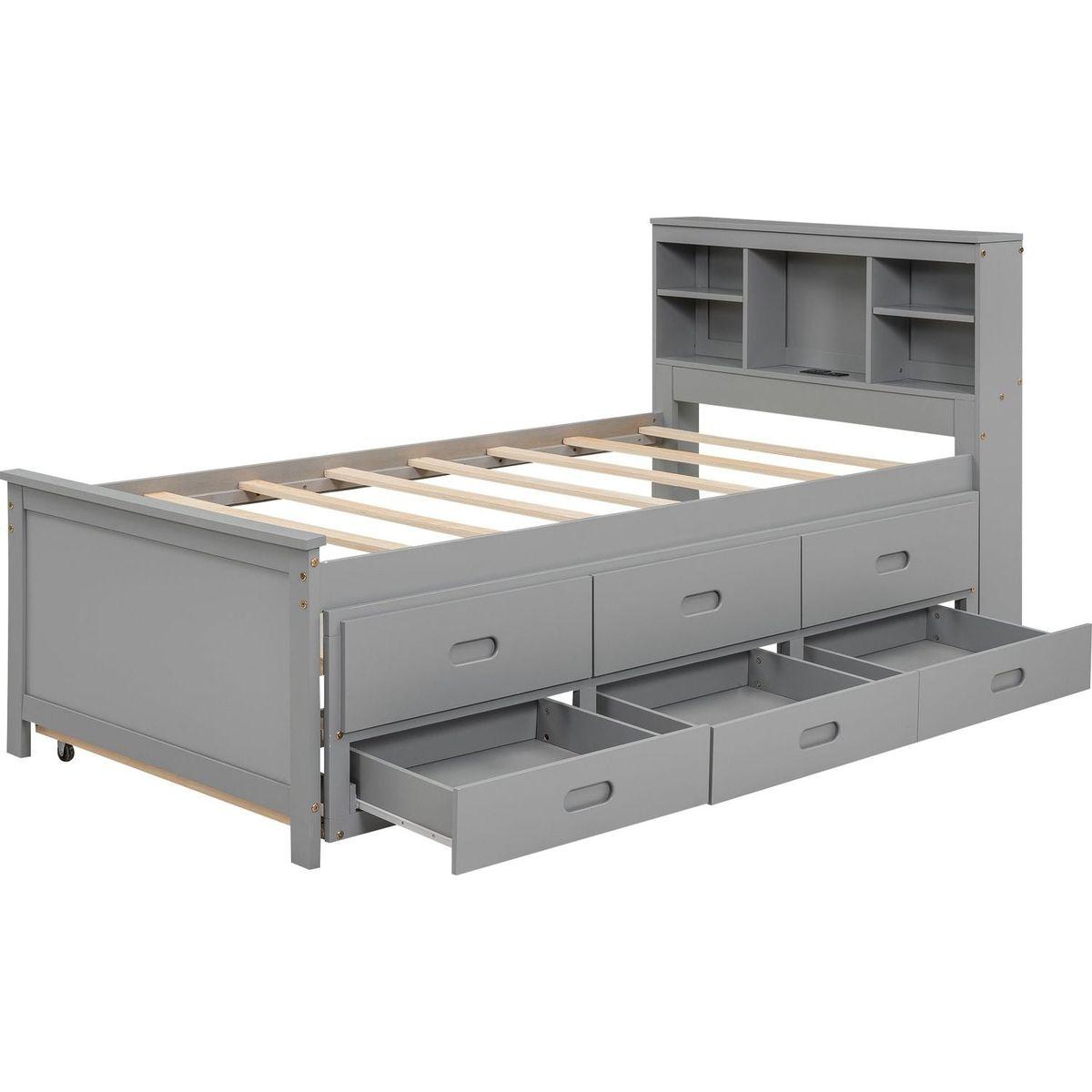 Twin Size Platform Bed with Storage Headboard, USB, Twin Size Trundle and 3 Drawers, Gray