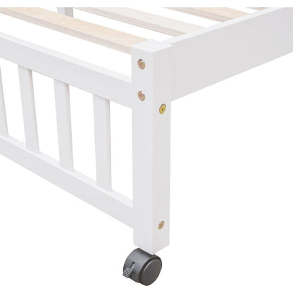 Wooden Twin Over Full Bunk Bed With Six Drawers And Flexible Shelves,Bottom Bed With Wheels,White