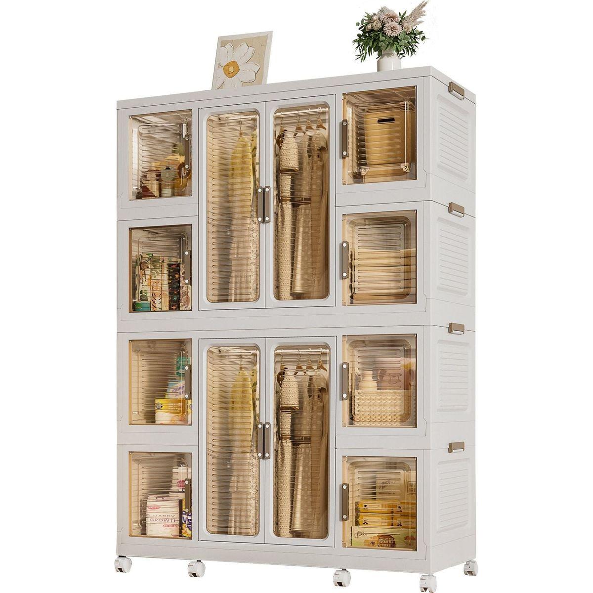 Portable Wardrobe Closet Storage Organizer for Clothes,Clothes Dresser,12 Magnetic Doors-12 Cubes & 2 Hanging Rod,16 pcs hangers, Baby Wardrobe Storage Cabinet,White - Streamdale Furniture