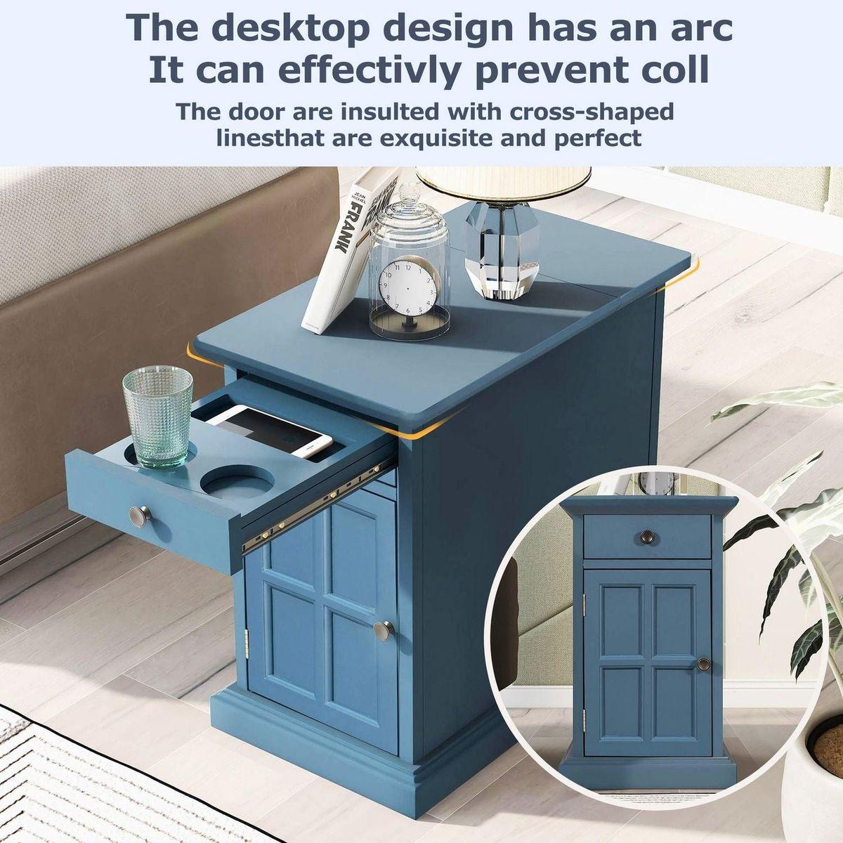 Classic Vintage Livingroom End Table Side Table with USB Ports and One Multifunctional Drawer with cup holders, Antique Navy - Streamdale Furniture