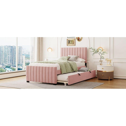 Twin Size Velvet Upholstered Platform Bed with Twin Size Trundle, Pink