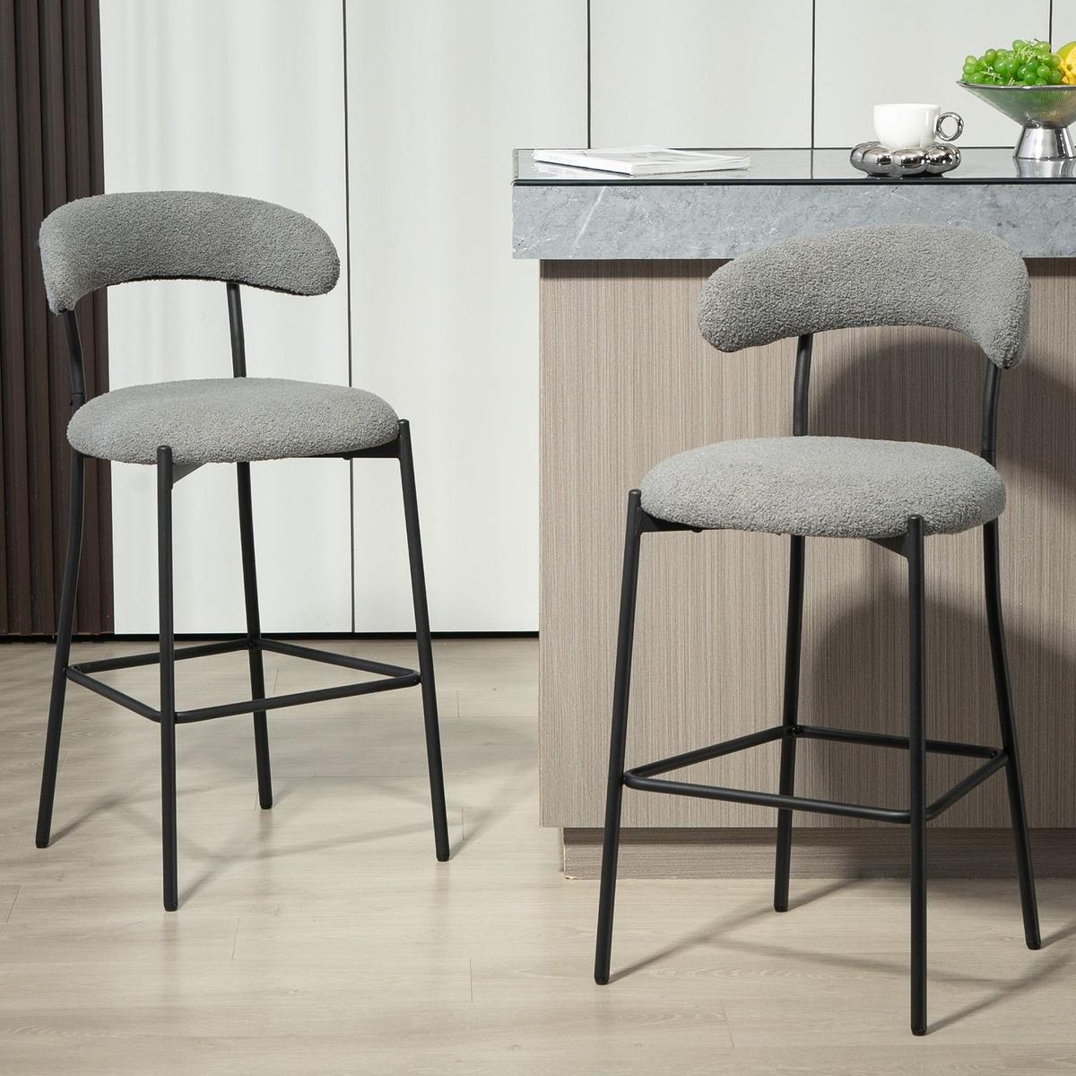 26" Counter height bar stools Teddy fabric cover kitchen island counter bar stool with black powder coating base and footrest(Grey)