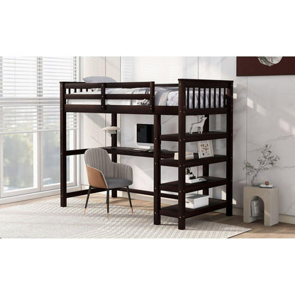 Twin Size Loft Bed with Storage Shelves and Under-bed Desk, Espresso