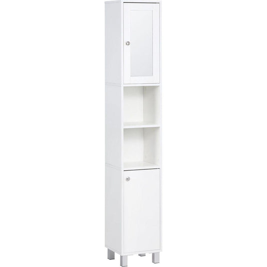kleankin Tall Bathroom Storage Cabinet with Mirror, Wooden Freestanding Tower Cabinet with Adjustable Shelves, for Bathroom, or Living Room, White