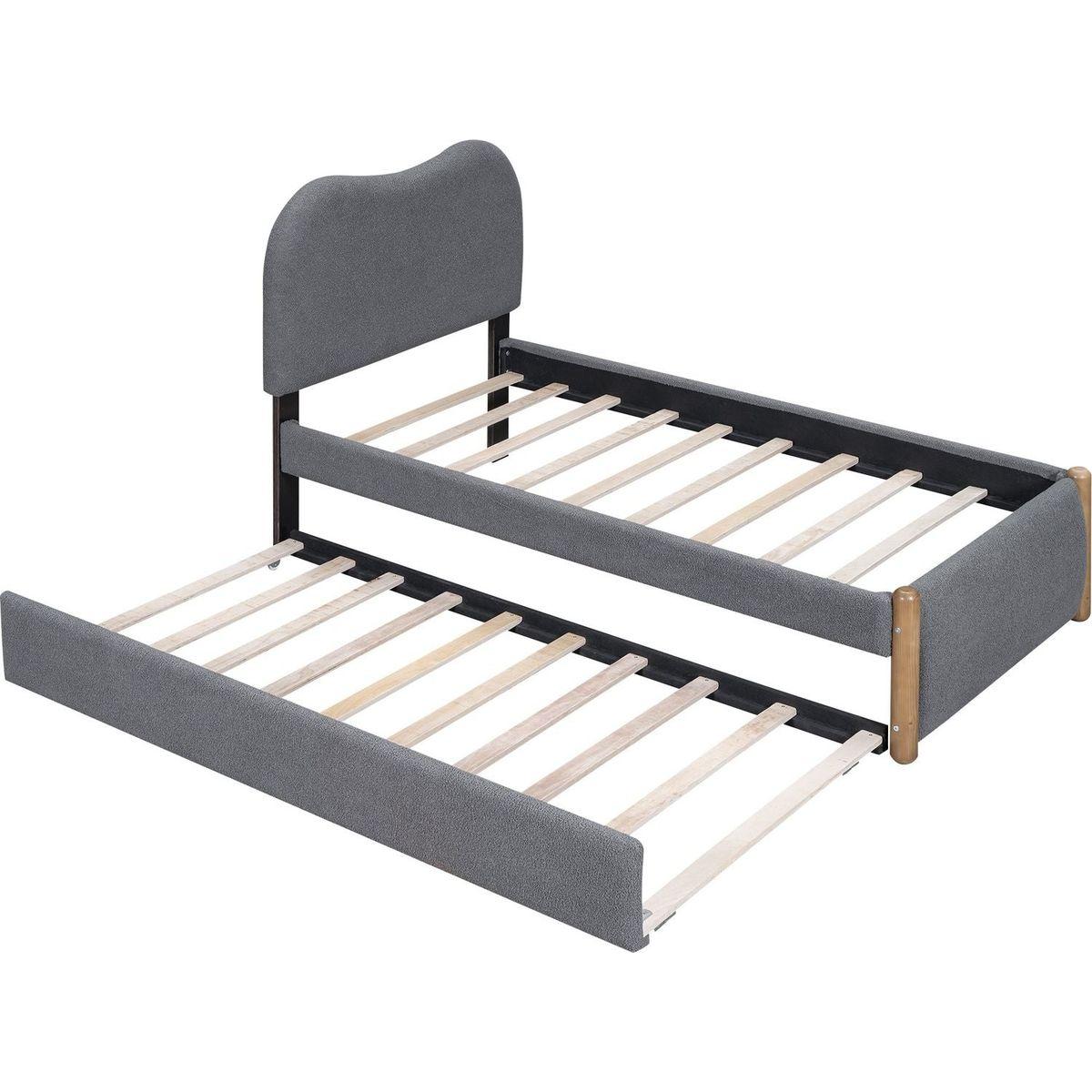 Twin Size Upholstered Platform Bed with Wood Supporting Feet and Twin Size Trundle, Gray