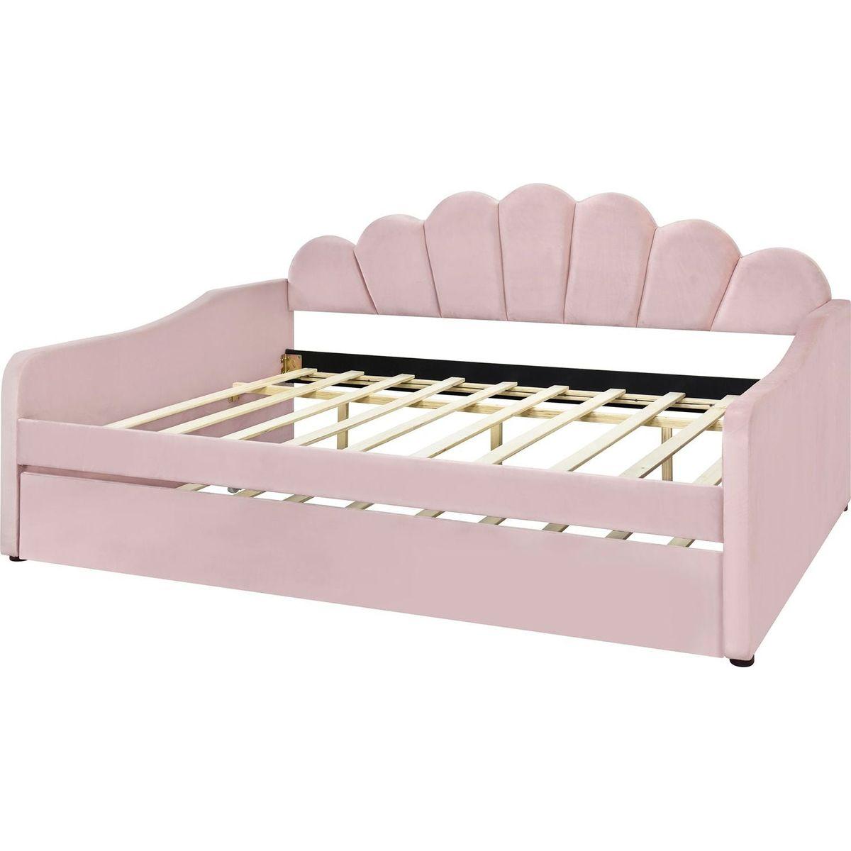Full Size Upholstery Daybed Frame with Shall Shaped Backrest and Trundle,Pink
