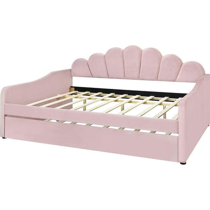Full Size Upholstery Daybed Frame with Shall Shaped Backrest and Trundle,Pink