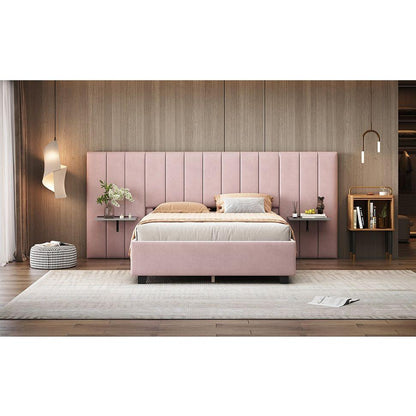 Full Size Upholstered Platform Bed with Big Headboard, Bedroom Furniture, Velvet, Pink