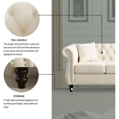 80" Chesterfield Sofa Beige Velvet for Living Room, 3 Seater Sofa Tufted Couch with Rolled Arms and Nailhead for Living Room, Bedroom, Office, Apartment, two pillows