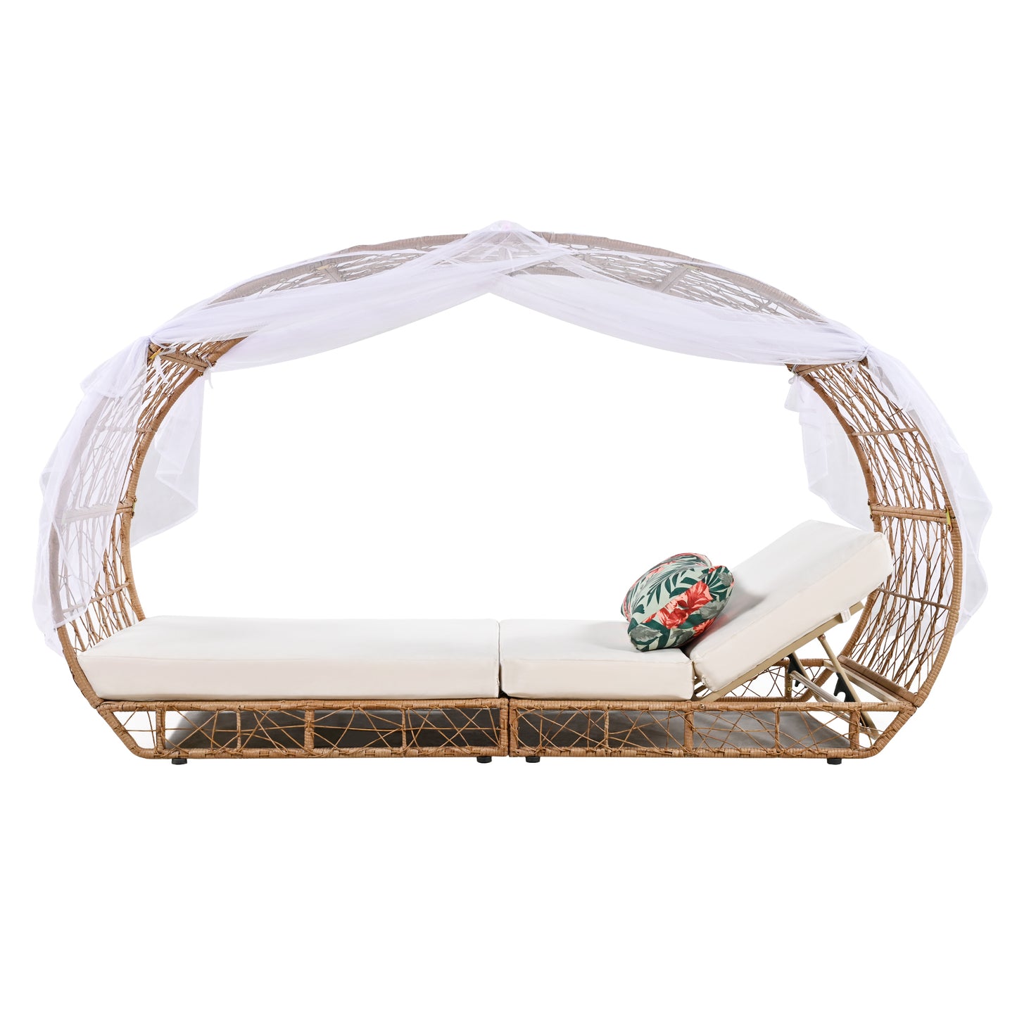 90.55" Outdoor Patio Daybed with Curtain, Sunbed with Cushion and Colorful Pillow, Wicker Lounge Chairs Backrest Adjustable Recliners for Pool Garden Backyard, Beige Cushion, Natural Wicker