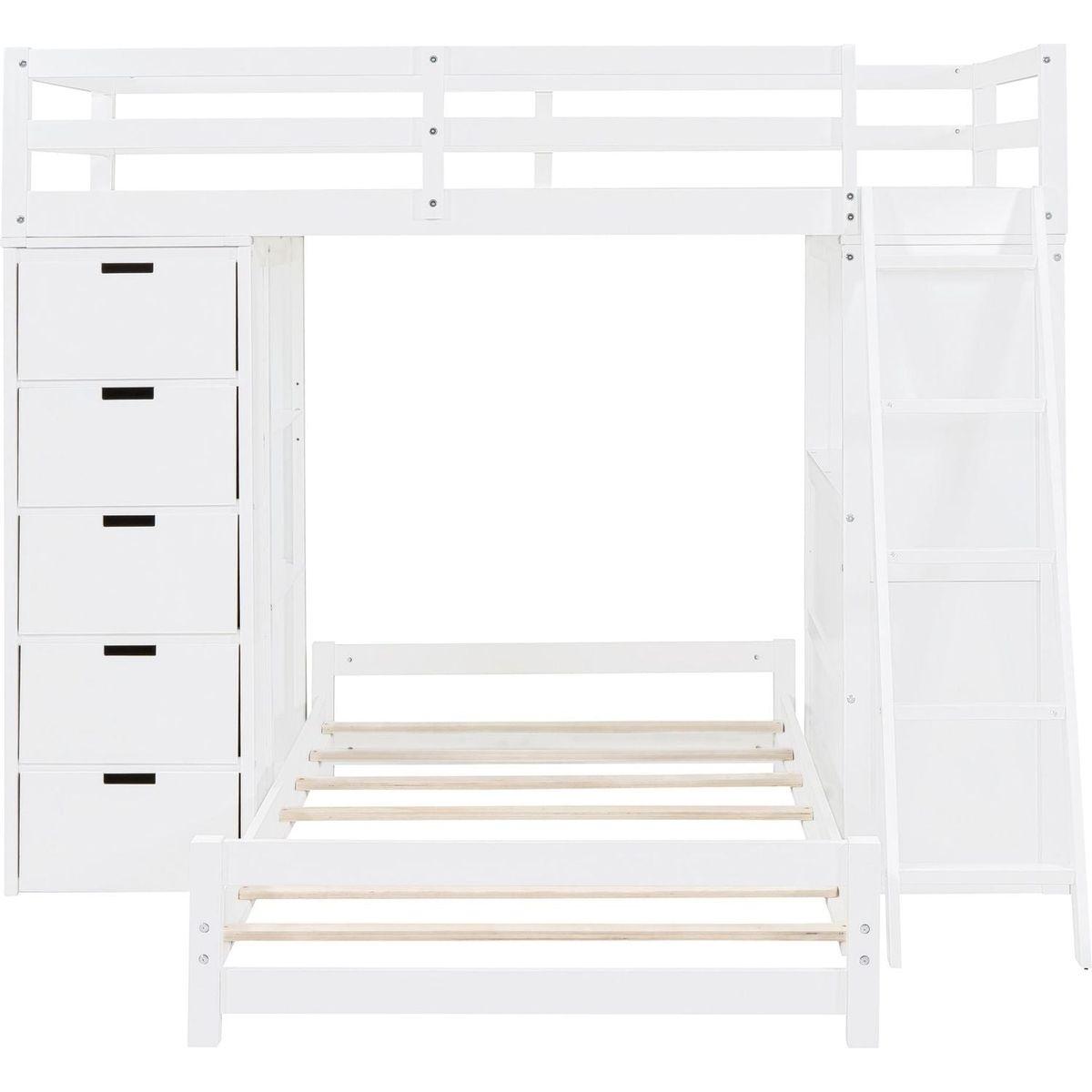 Twin over Twin Bunk Bed with LED Light and USB Ports, White
