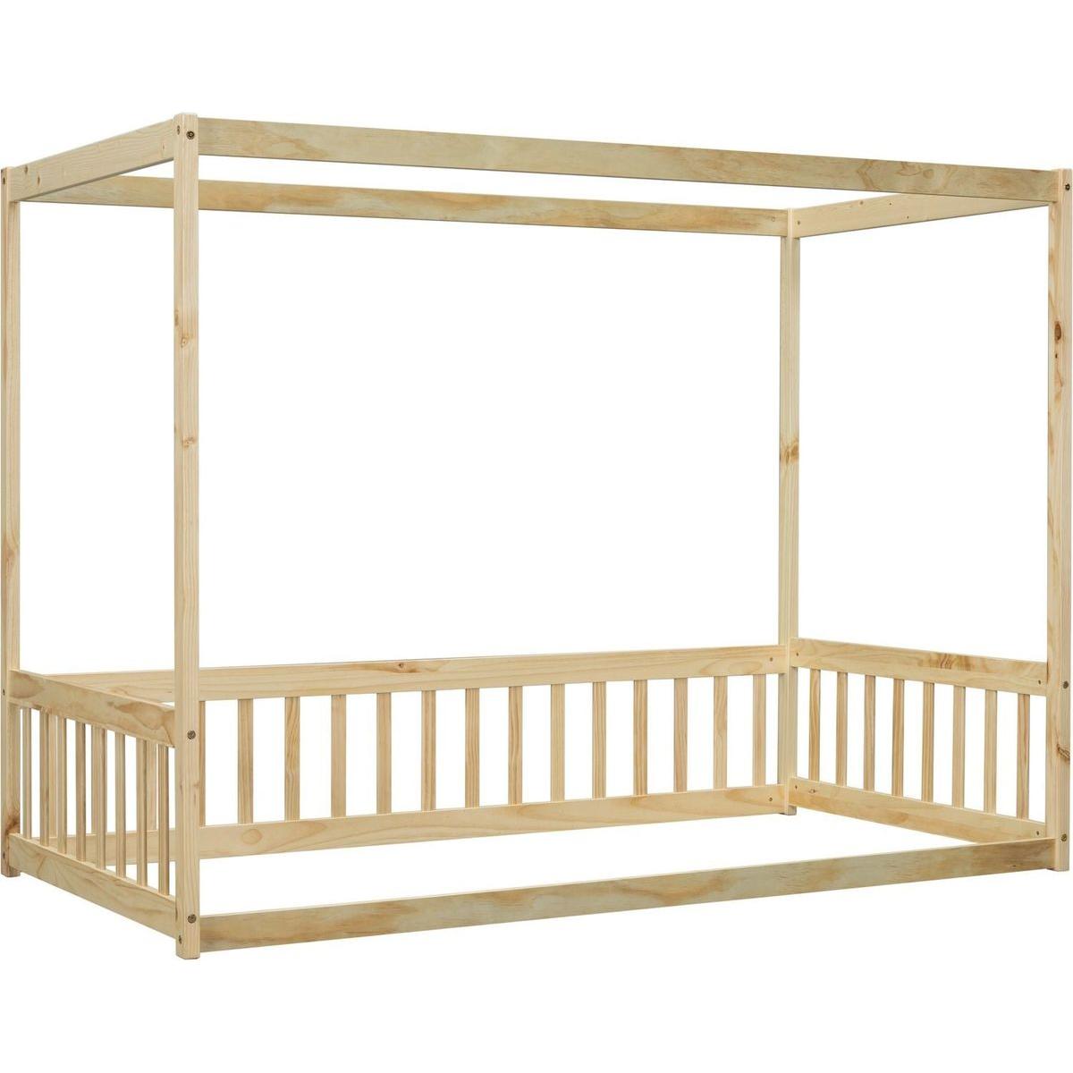 Twin Size Canopy Frame Floor Bed with Fence, Guardrails,Natural