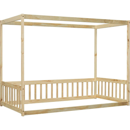 Twin Size Canopy Frame Floor Bed with Fence, Guardrails,Natural