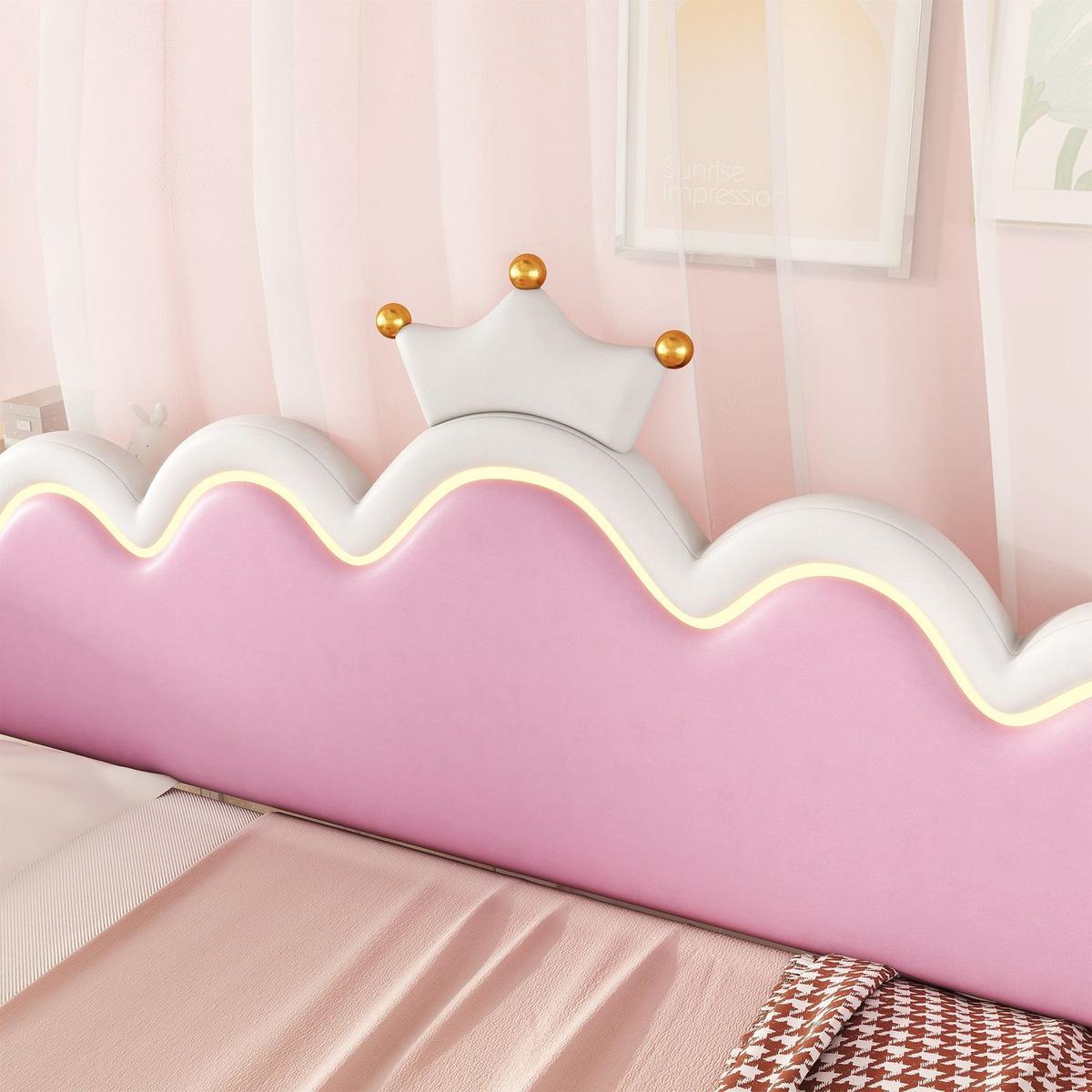 Twin Extending Daybed with LED Lights, Modern Upholstered Princess Daybed With Crown Headboard,White - Streamdale Furniture