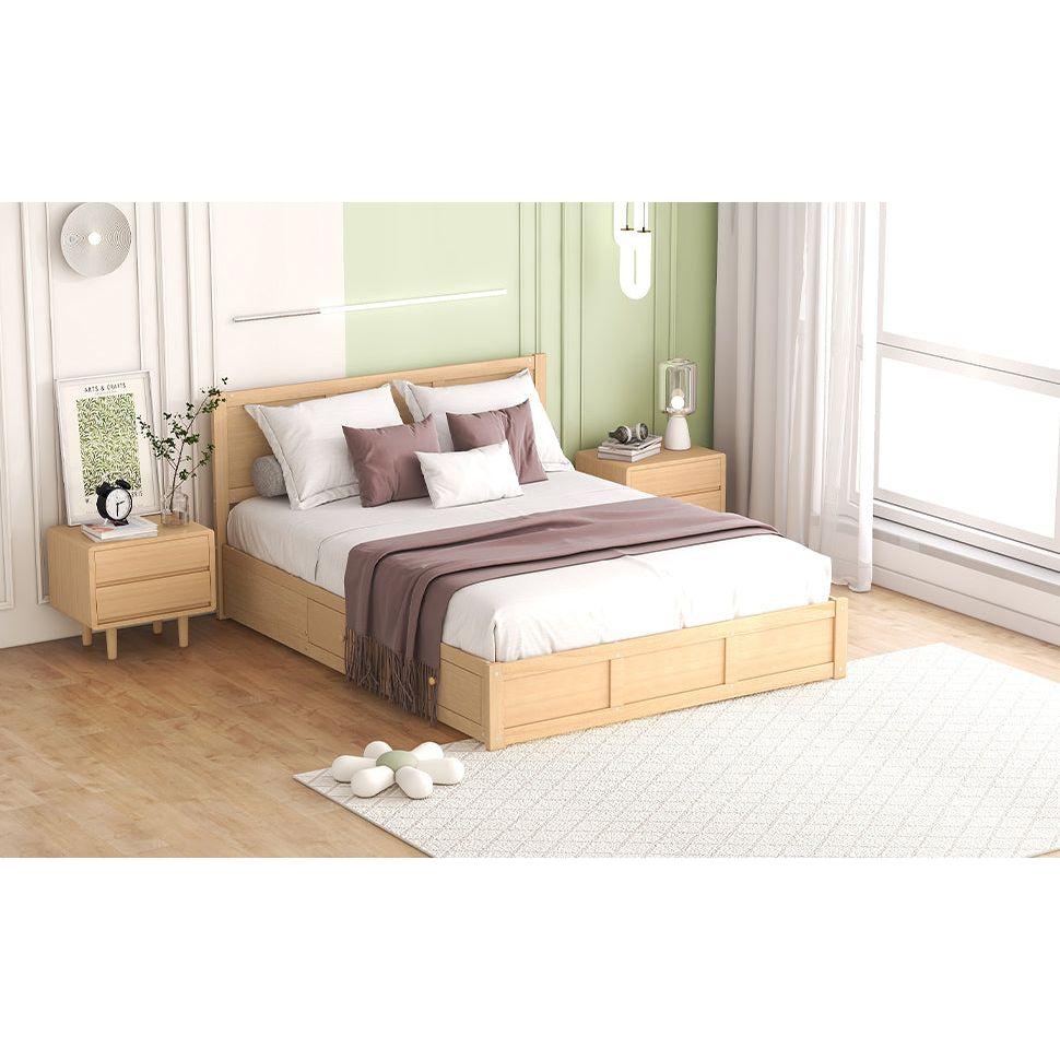 Queen Size Wood Platform Bed with Underneath Storage and 2 Drawers, Wood Color