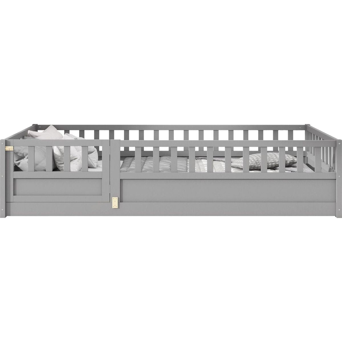 Twin Size Floor bed, integral construction with super high security barrier, door, children's floor bed frame, Montessori wooden children's floor bed, Grey