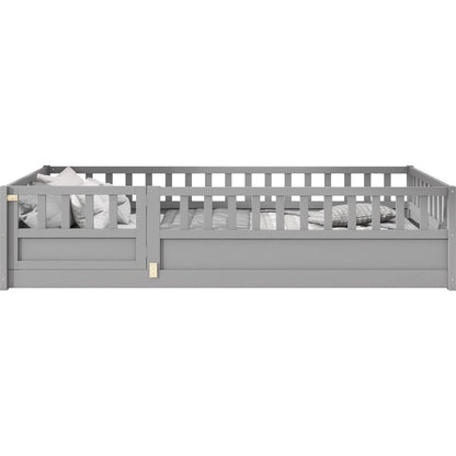 Twin Size Floor bed, integral construction with super high security barrier, door, children's floor bed frame, Montessori wooden children's floor bed, Grey