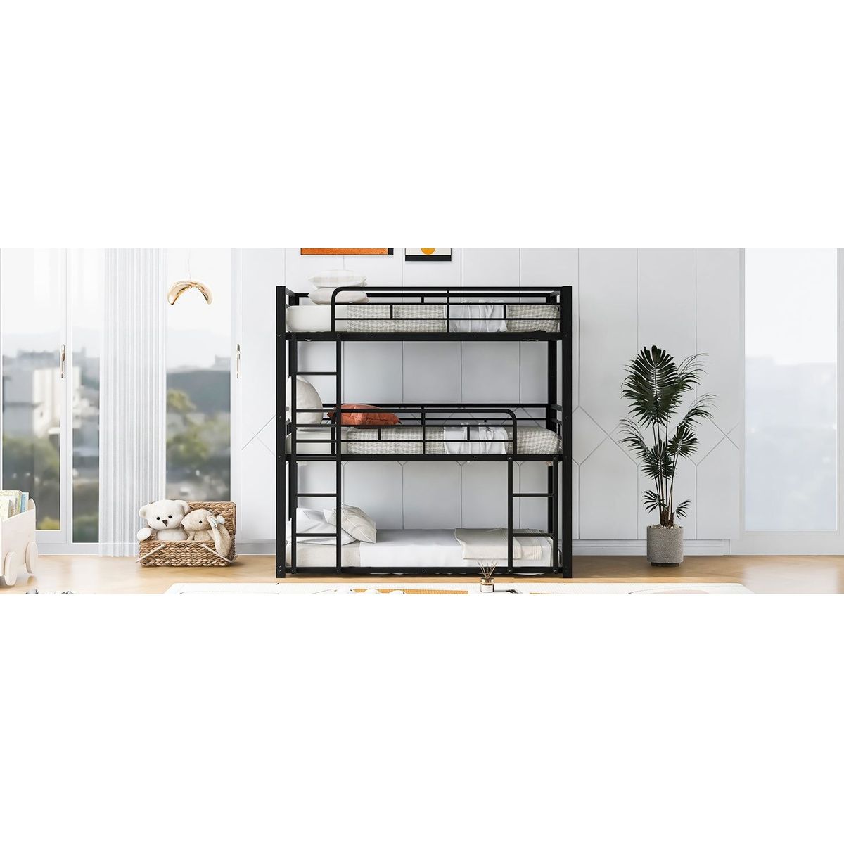 Metal Twin Size Triple Bunk Bed, Black - Streamdale Furniture