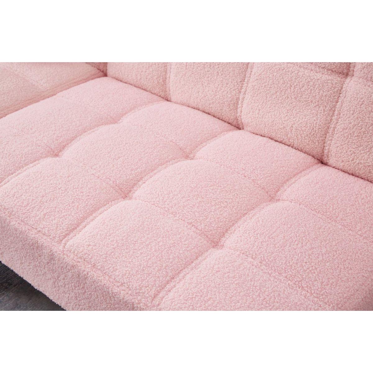71" Convertible sofa bed futon with gold metal legs teddy fabric (Pink)